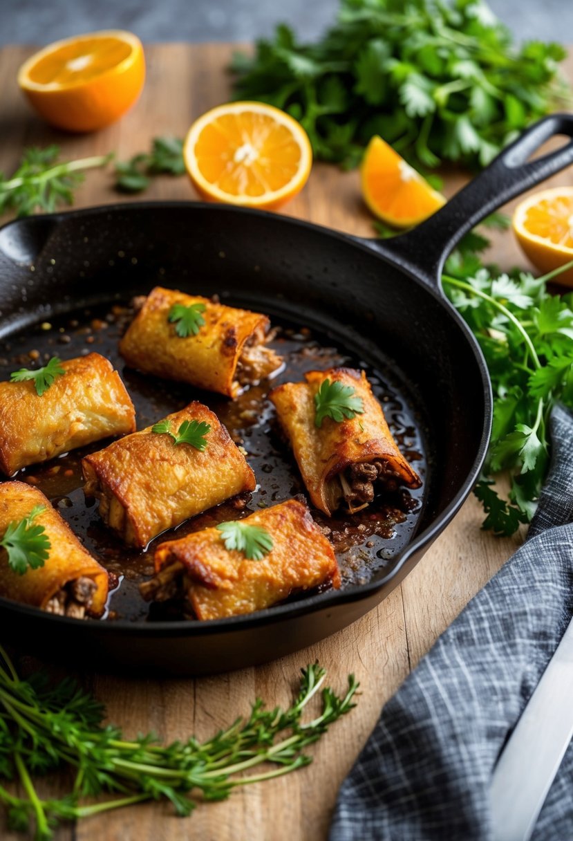 A sizzling skillet with golden-brown carnitas, surrounded by fresh herbs and citrus slices