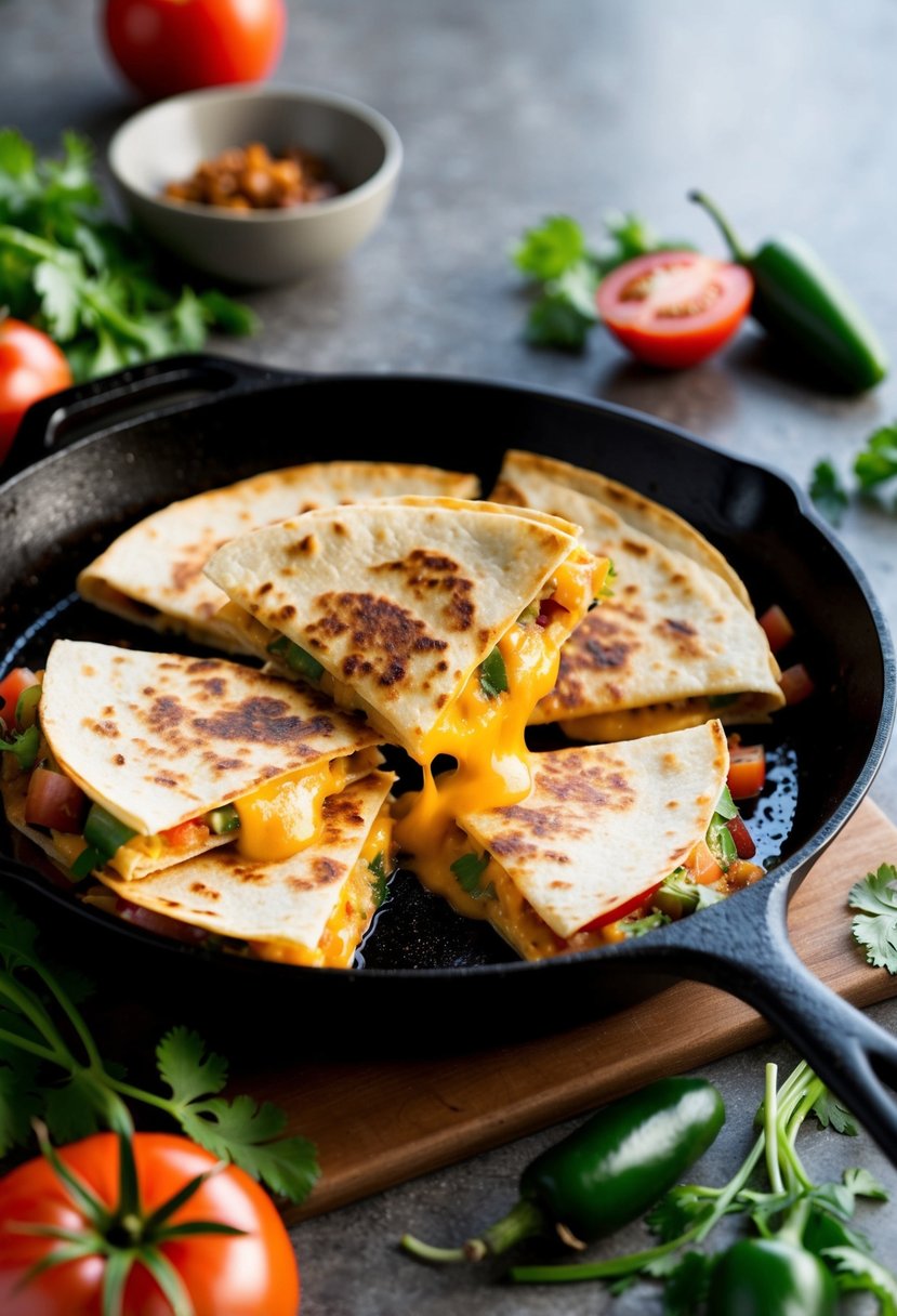 A sizzling skillet holds golden-brown quesadillas oozing with melted Oaxaca cheese, surrounded by vibrant ingredients like tomatoes, cilantro, and jalapeños