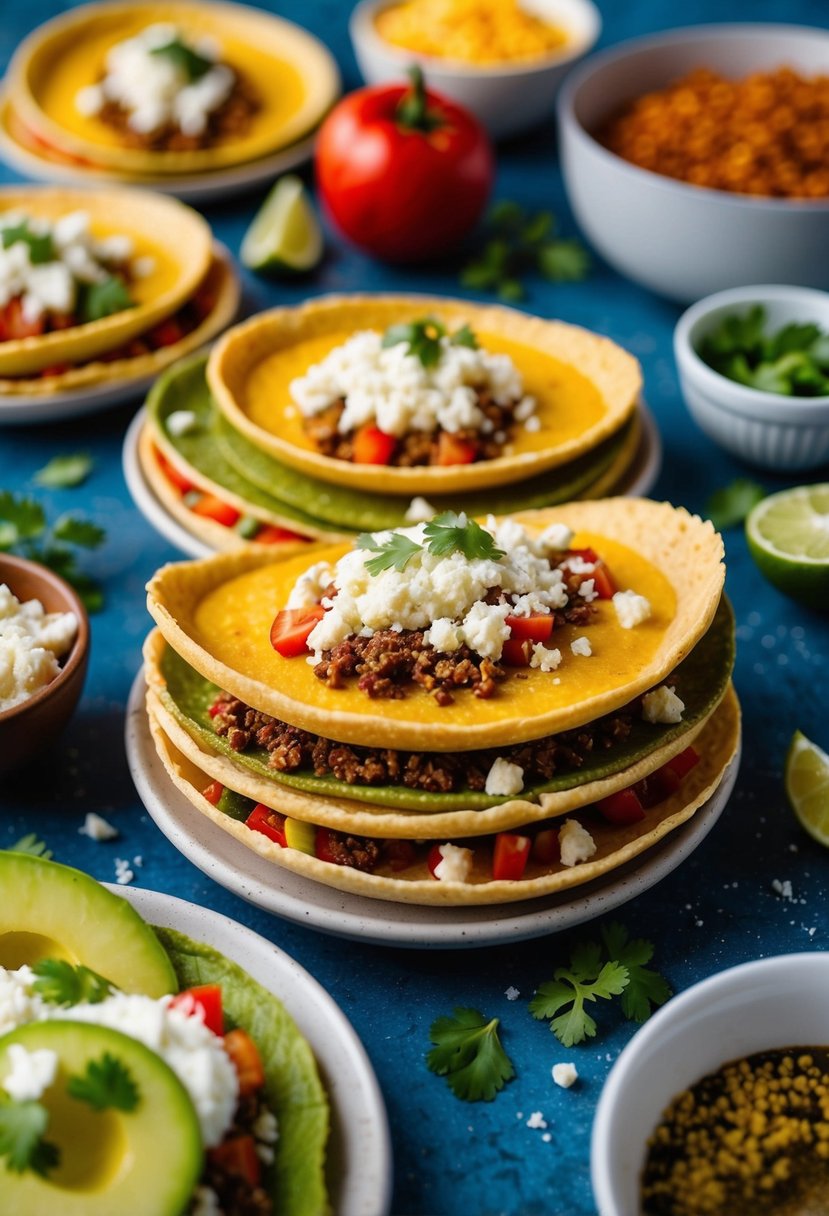 A colorful spread of sopes topped with crumbled cotija cheese and fresh Mexican ingredients