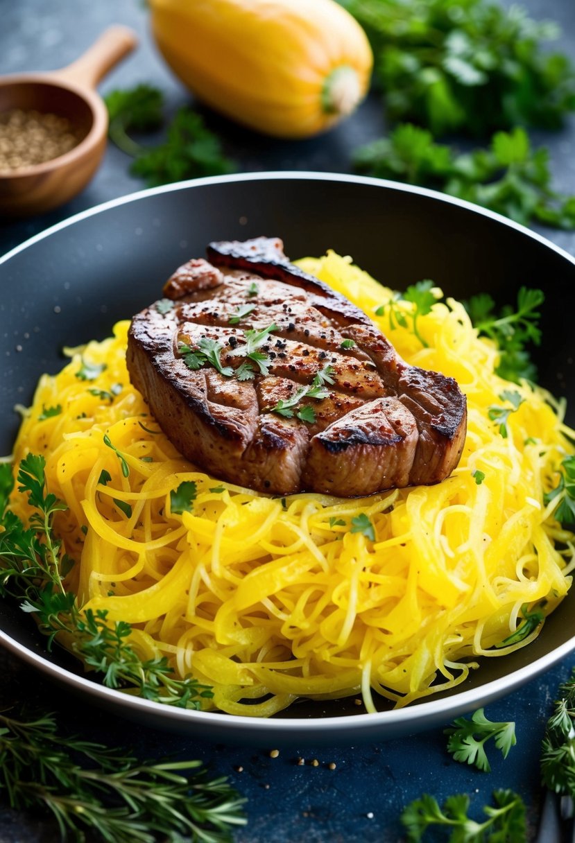 A sizzling steak sits atop a bed of golden spaghetti squash, surrounded by vibrant herbs and spices