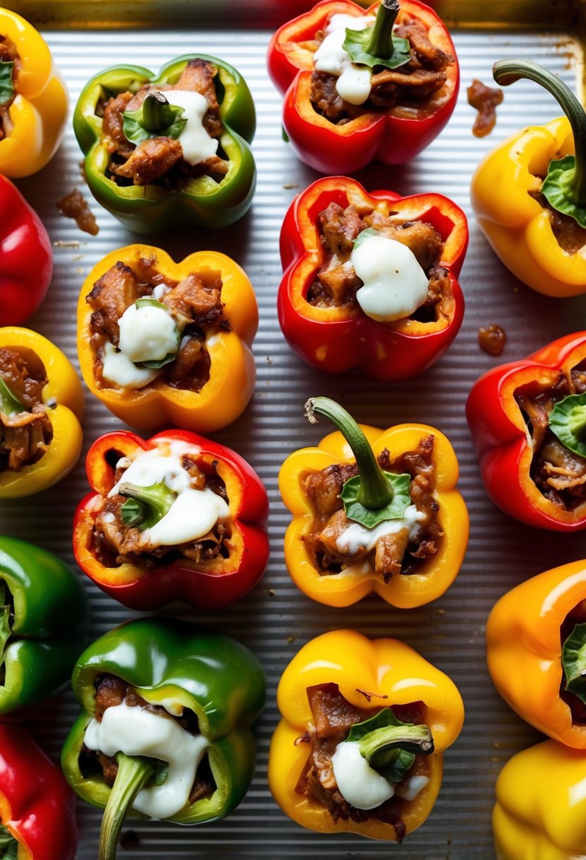 A colorful array of bell peppers, filled with succulent carnitas and topped with melted cheese, sizzling on a baking sheet