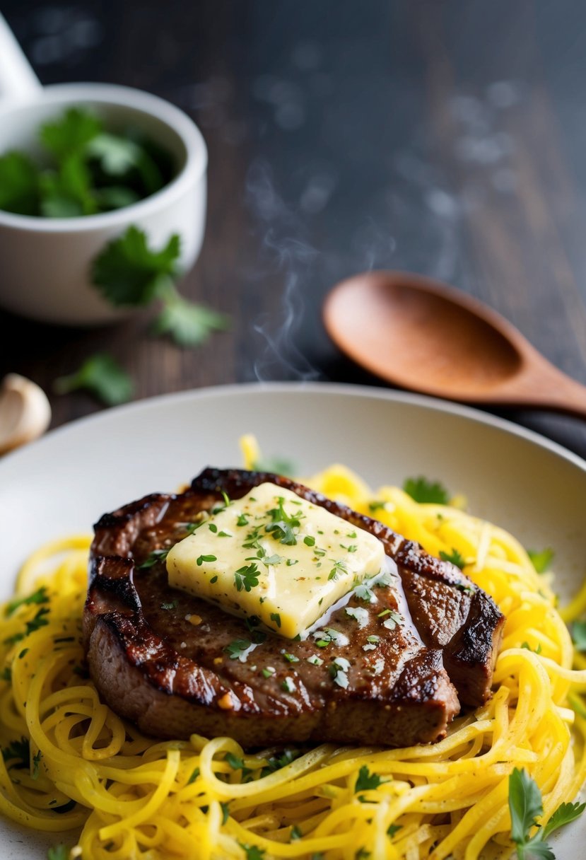 A sizzling steak topped with garlic butter sits next to a bed of spaghetti squash noodles, garnished with fresh herbs