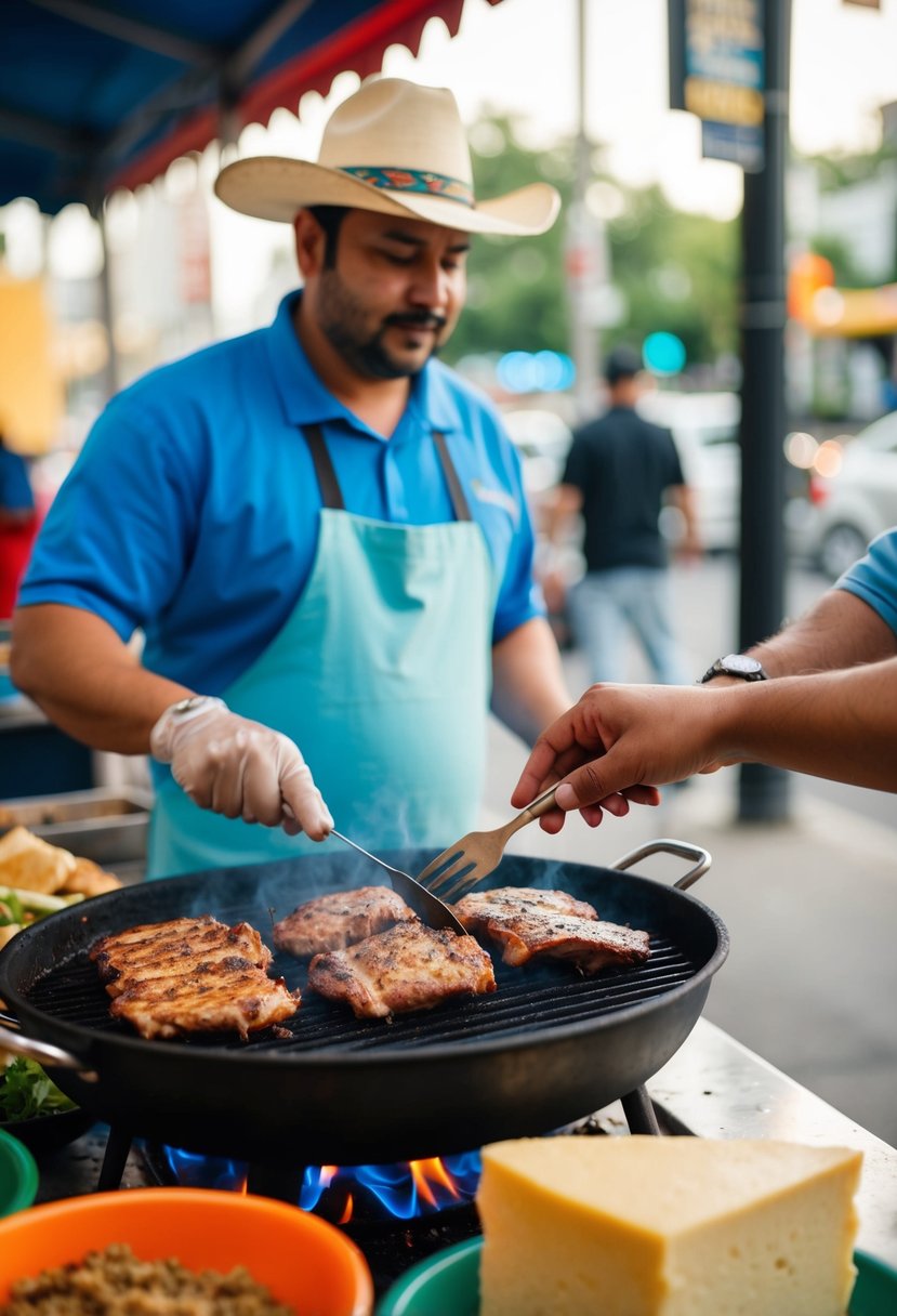 A street vendor grills marinated pork for Tacos al Pastor, while a block of fresh Mexican cheese sits nearby. The aroma of sizzling meat fills the air