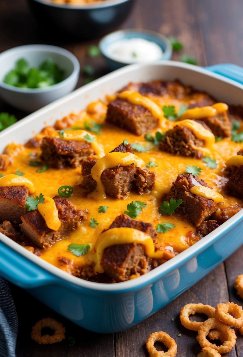 A bubbling casserole dish filled with layers of tender, cheesy keto carnitas, topped with melted cheese and crispy pork rinds