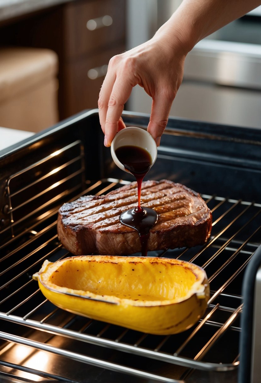 A sizzling steak is being glazed with balsamic sauce while a halved spaghetti squash roasts in the oven