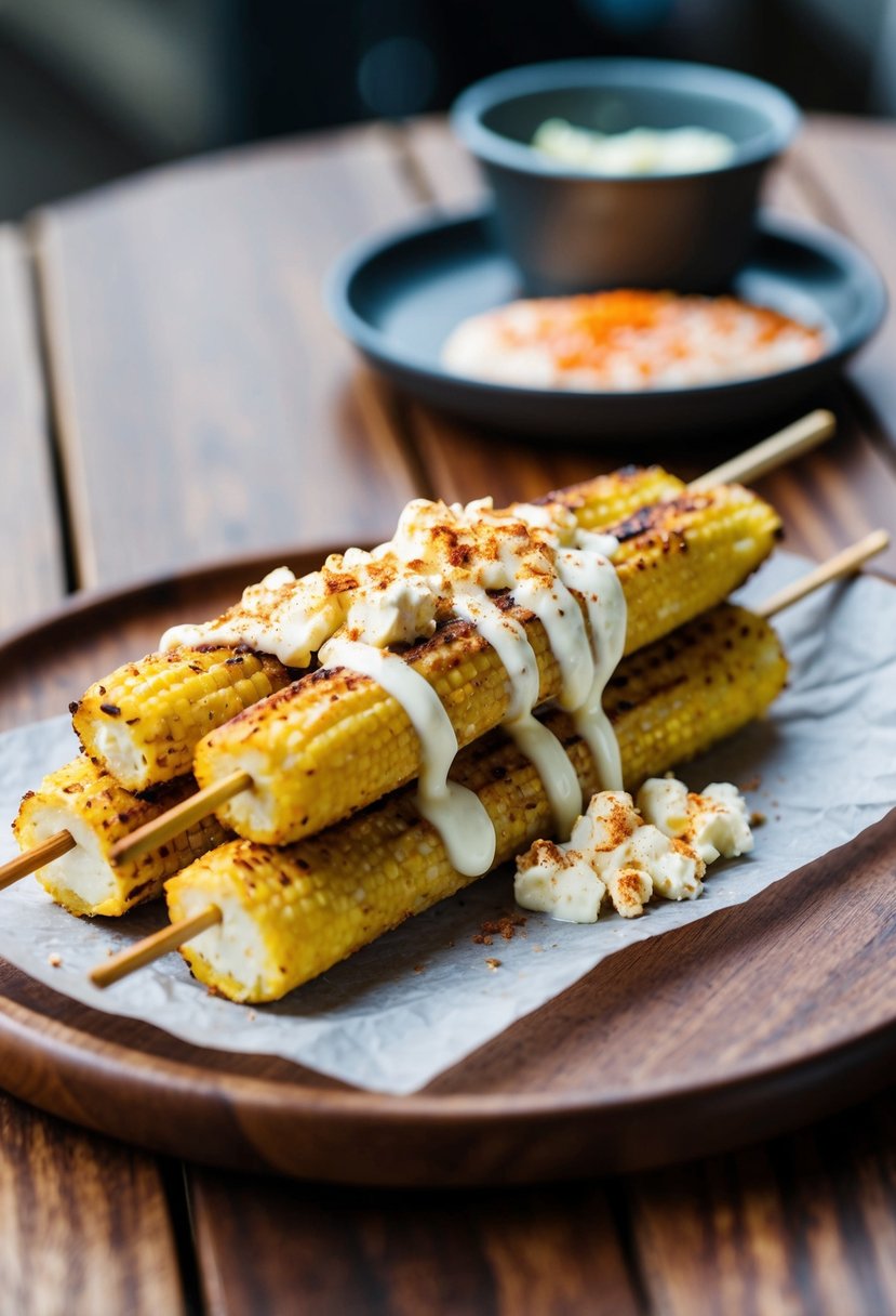 A wooden table with a grilled elote on a stick, topped with crumbled queso fresco and drizzled with mayonnaise and chili powder