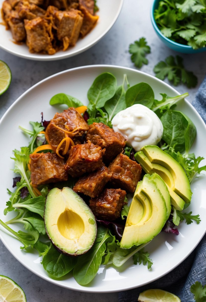 A colorful salad with juicy carnitas, creamy avocado, and fresh greens, arranged on a white plate