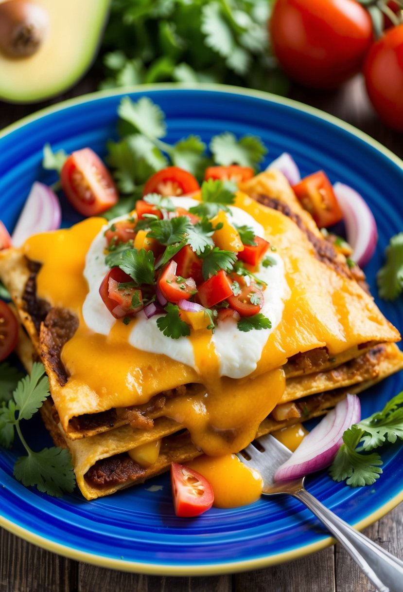 A colorful plate of chilaquiles topped with melted Mexican cheese salsa, surrounded by vibrant ingredients like tomatoes, onions, and cilantro