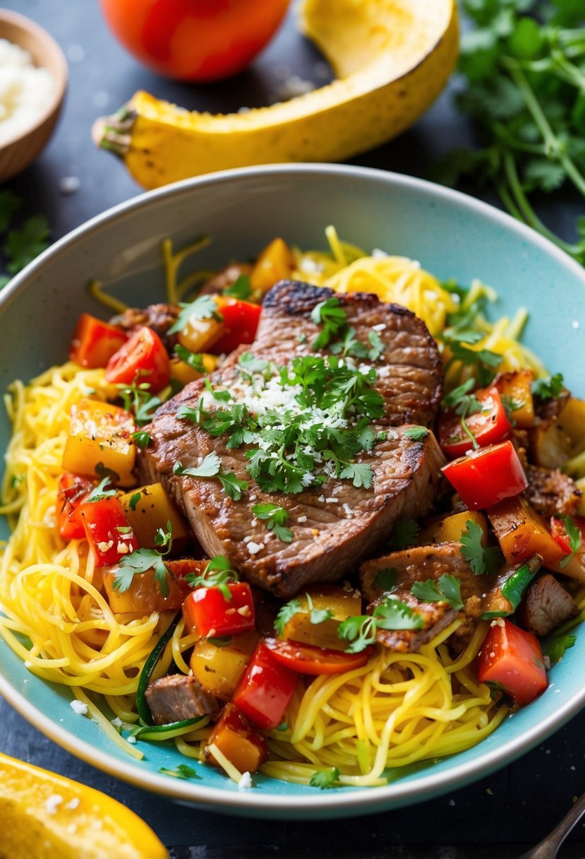 A colorful bowl filled with spaghetti squash, steak, and fajita vegetables, garnished with fresh herbs and a sprinkle of cheese