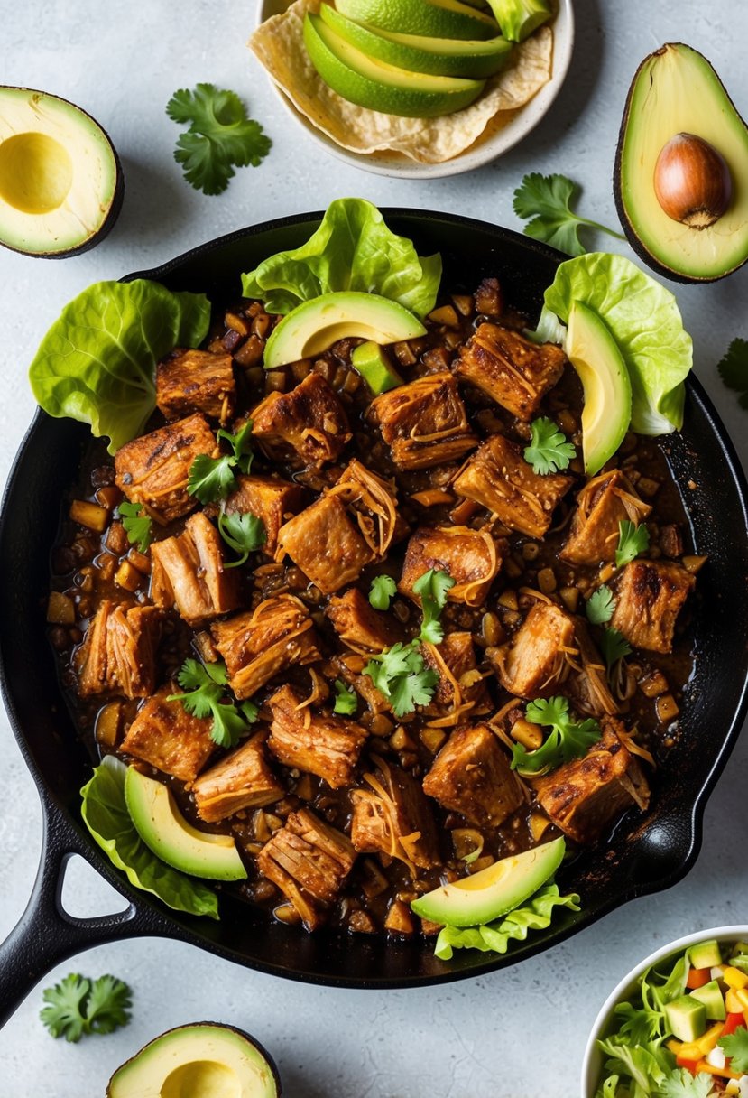 A sizzling skillet of carnitas, surrounded by lettuce cups, avocado slices, and a variety of low-carb taco toppings