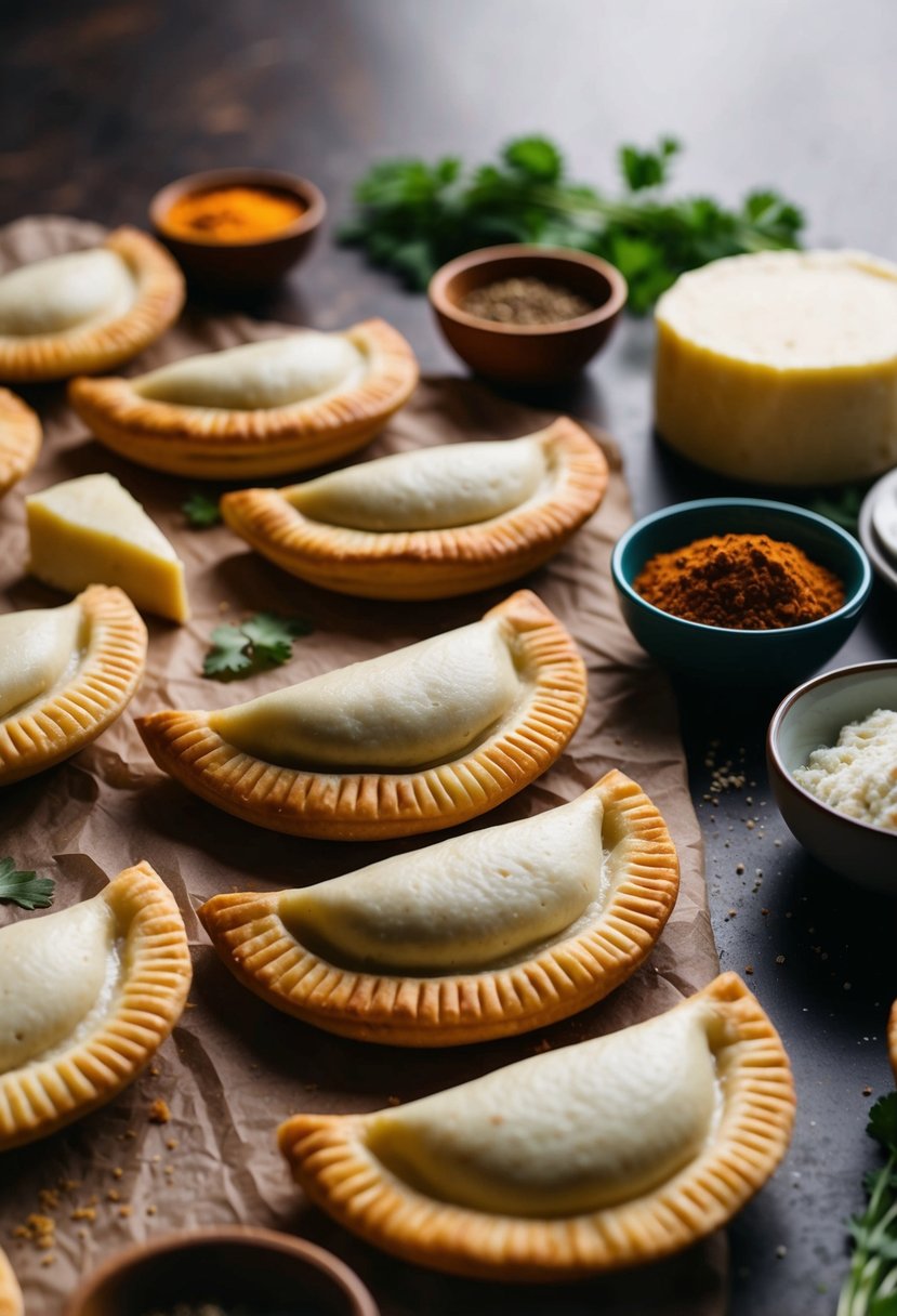 A table spread with empanadas filled with queso blanco, accompanied by ingredients such as Mexican cheese, dough, and spices