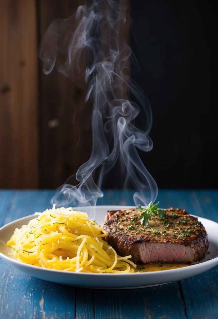 A sizzling herb-crusted steak sits next to a bed of parmesan spaghetti squash, steam rising from the tender strands