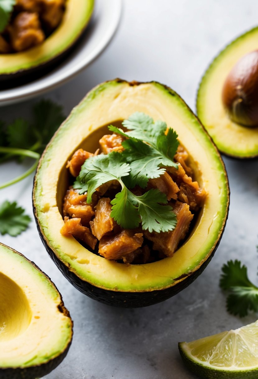 A ripe avocado cut in half, filled with tender, flavorful carnitas, topped with fresh cilantro and a sprinkle of lime juice