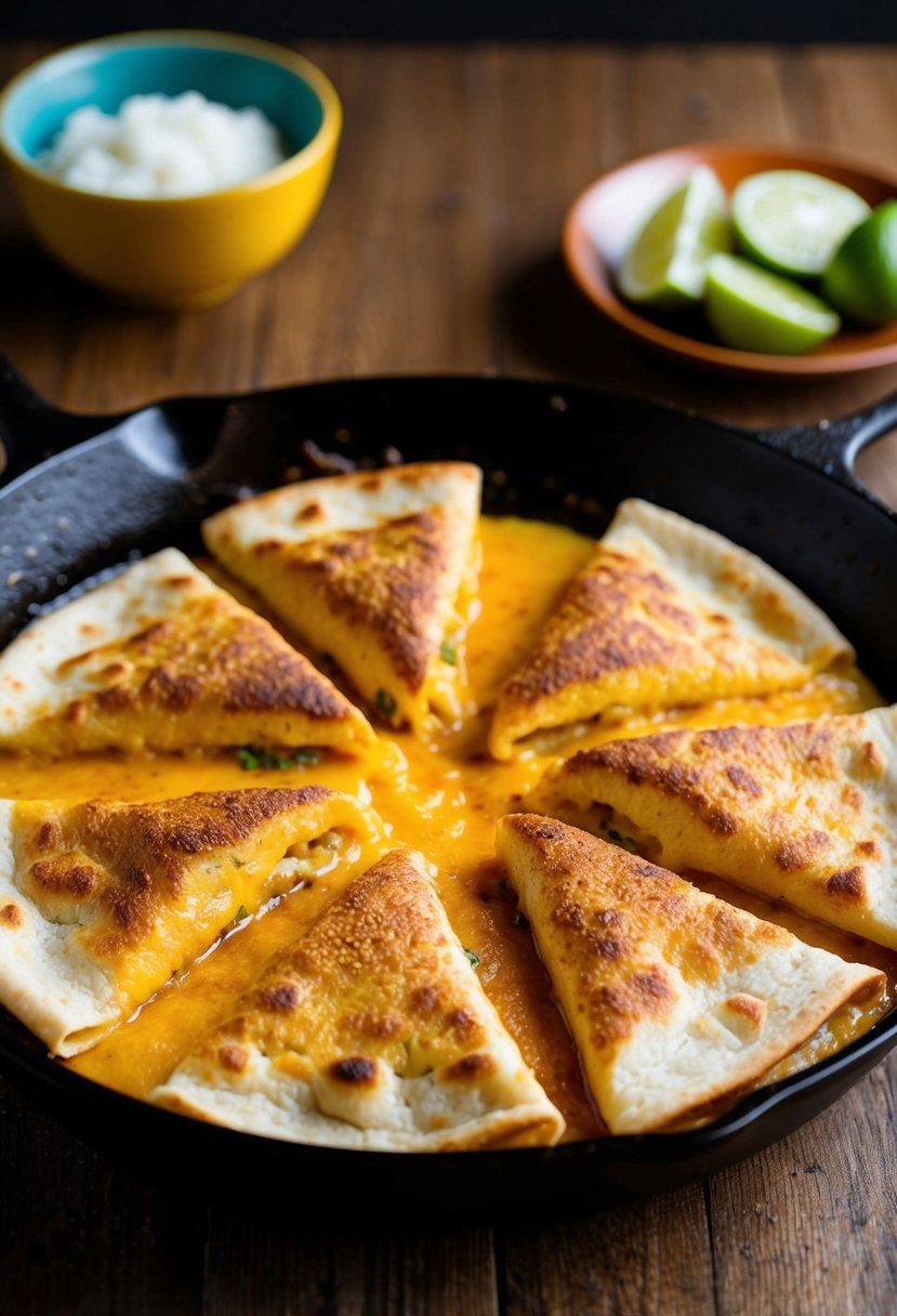 A sizzling skillet with golden brown gorditas oozing with melted Mexican cheese