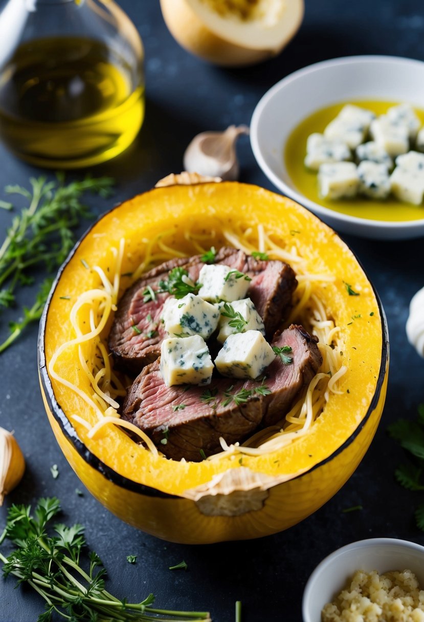 A halved spaghetti squash filled with steak and blue cheese, surrounded by ingredients like garlic, herbs, and olive oil