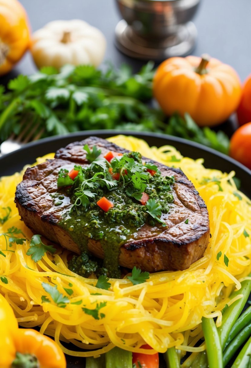 A sizzling chimichurri steak rests on a bed of golden spaghetti squash, garnished with vibrant green herbs and surrounded by colorful vegetables