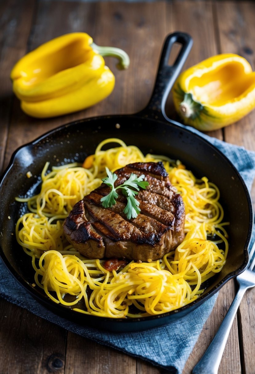 A sizzling skillet of pepper steak and spaghetti squash noodles on a rustic wooden table