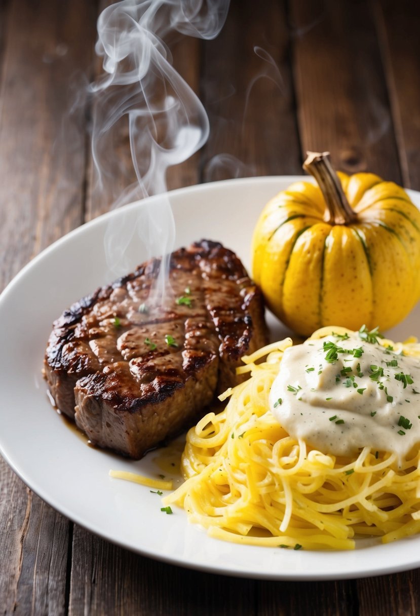 A sizzling steak sits next to a bed of spaghetti squash covered in creamy alfredo sauce, with steam rising from the hot dish