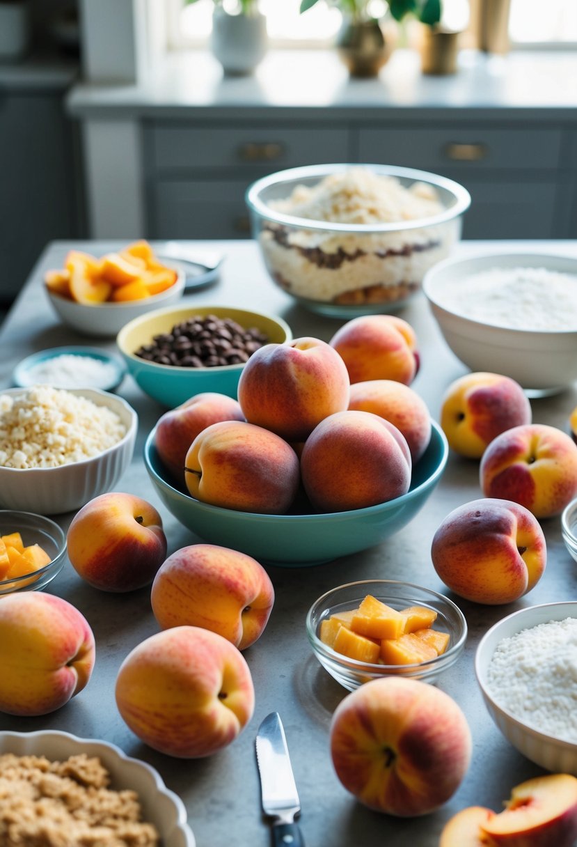 A table filled with fresh peaches, cake mixes, and dessert ingredients ready to be used in peach recipes