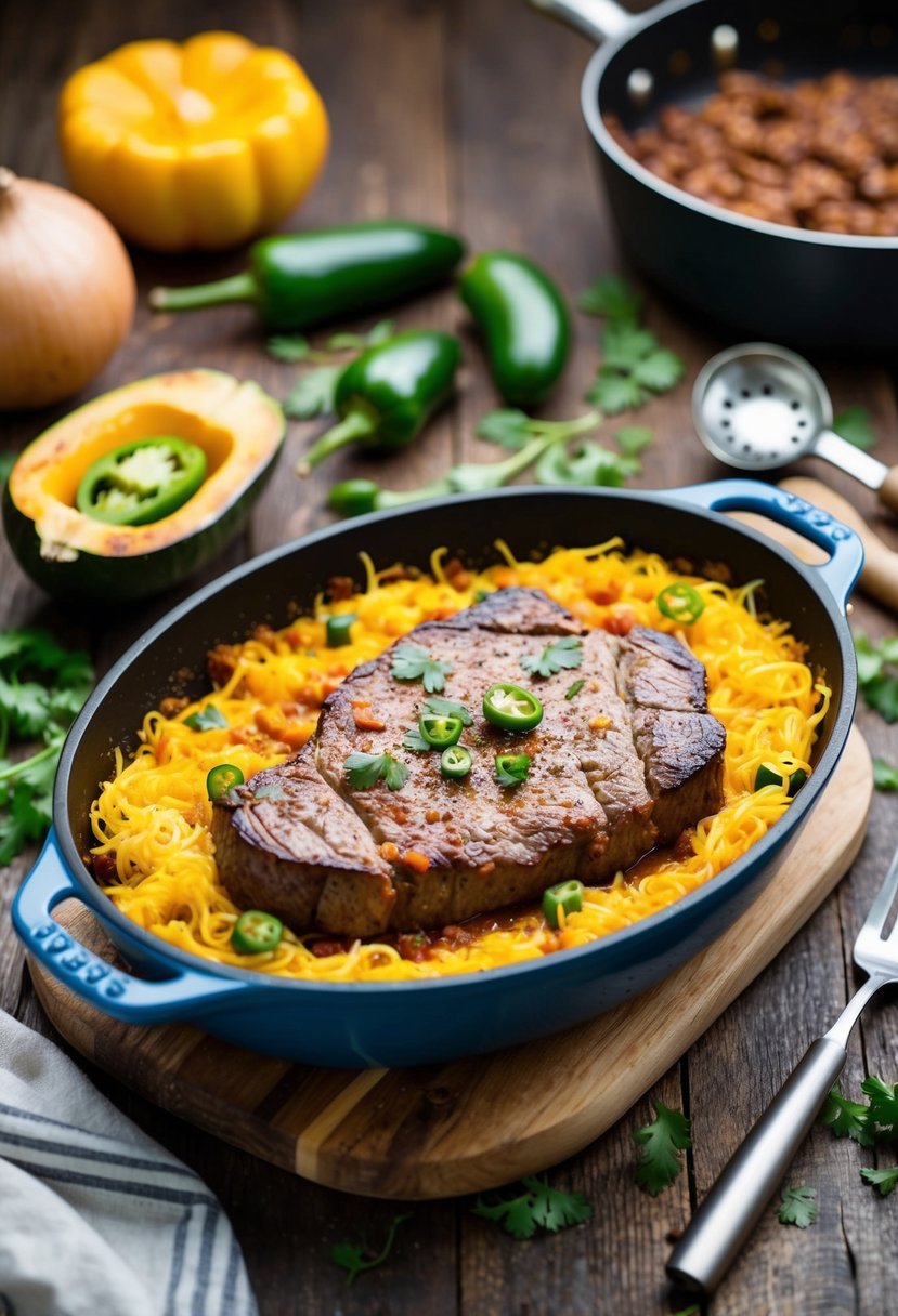 A sizzling steak and jalapeño spaghetti squash casserole on a rustic wooden table, surrounded by fresh ingredients and cooking utensils