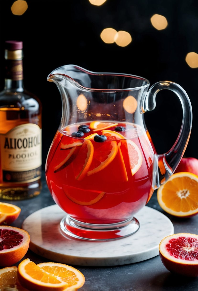 A glass pitcher filled with red punch, surrounded by sliced fruit and a bottle of alcohol