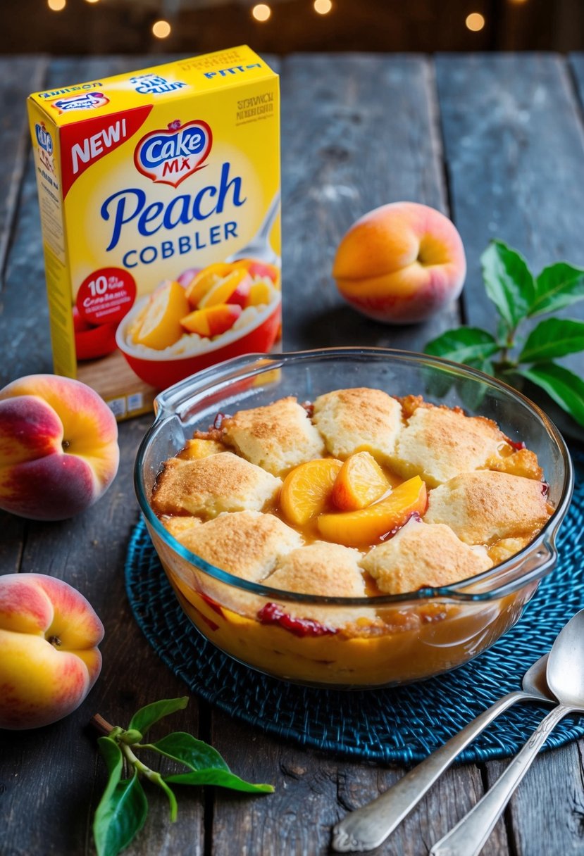 A rustic kitchen table with a bubbling peach cobbler made with cake mix, surrounded by fresh peaches and a box of cake mix