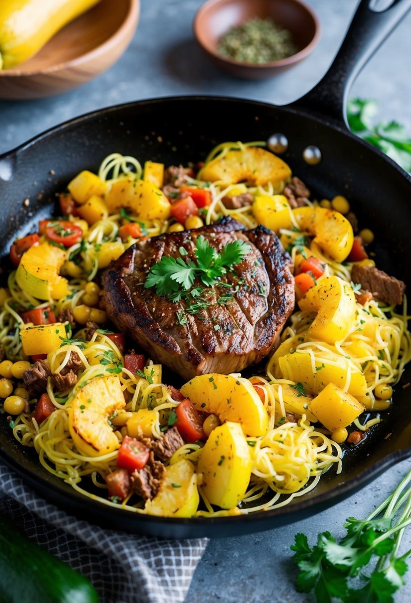 A sizzling skillet holds a colorful mix of spaghetti squash and tender steak, seasoned with southwestern spices and herbs