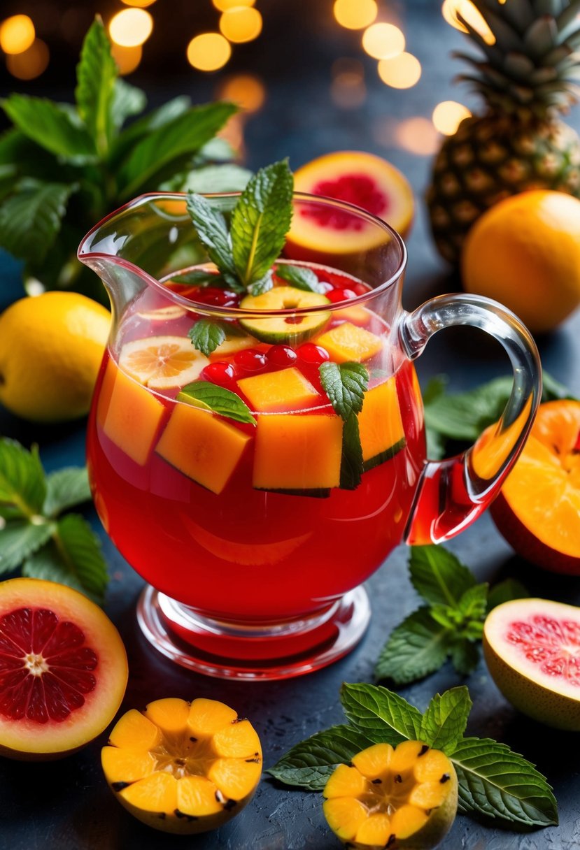 A glass pitcher filled with vibrant red rum punch, surrounded by tropical fruits and garnished with mint leaves