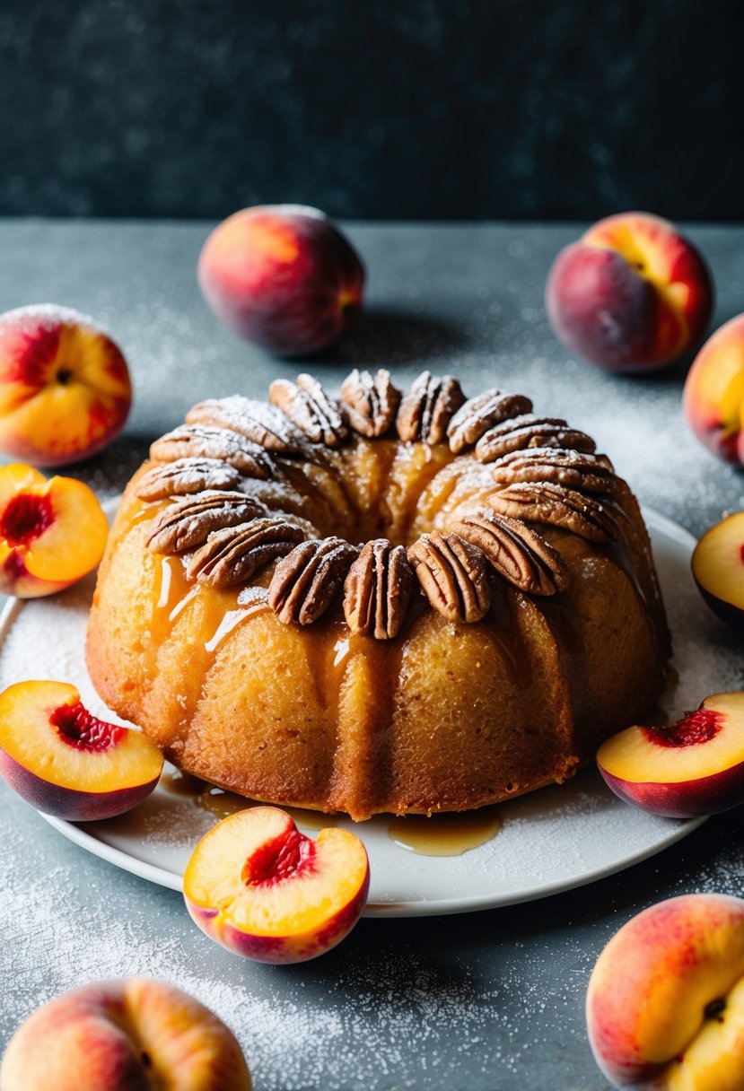 A golden peach upside-down cake with a caramelized pecan topping, surrounded by fresh peaches and a sprinkle of powdered sugar