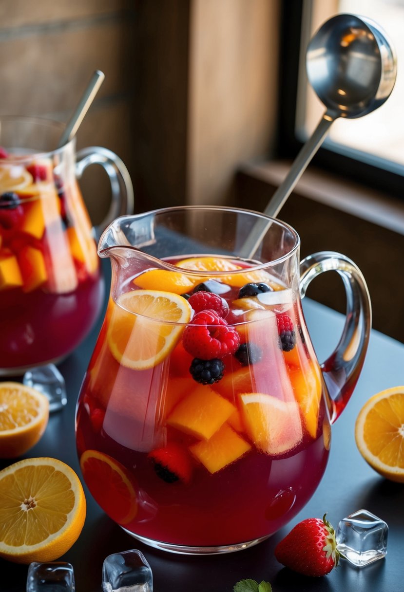 A pitcher of fruity sangria punch sits on a table, surrounded by fresh fruit and ice cubes. A ladle hovers over the punch, ready to serve