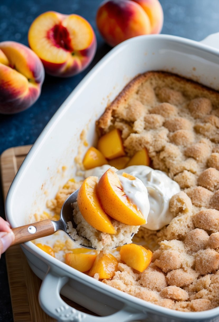 A peach dump cake being prepared with spiced peaches and cake mix in a baking dish