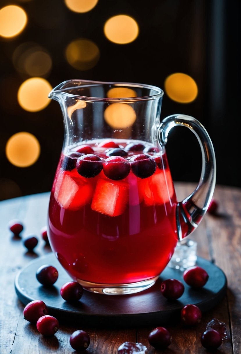 A glass pitcher filled with cranberry vodka punch, surrounded by fresh cranberries and ice cubes on a wooden table