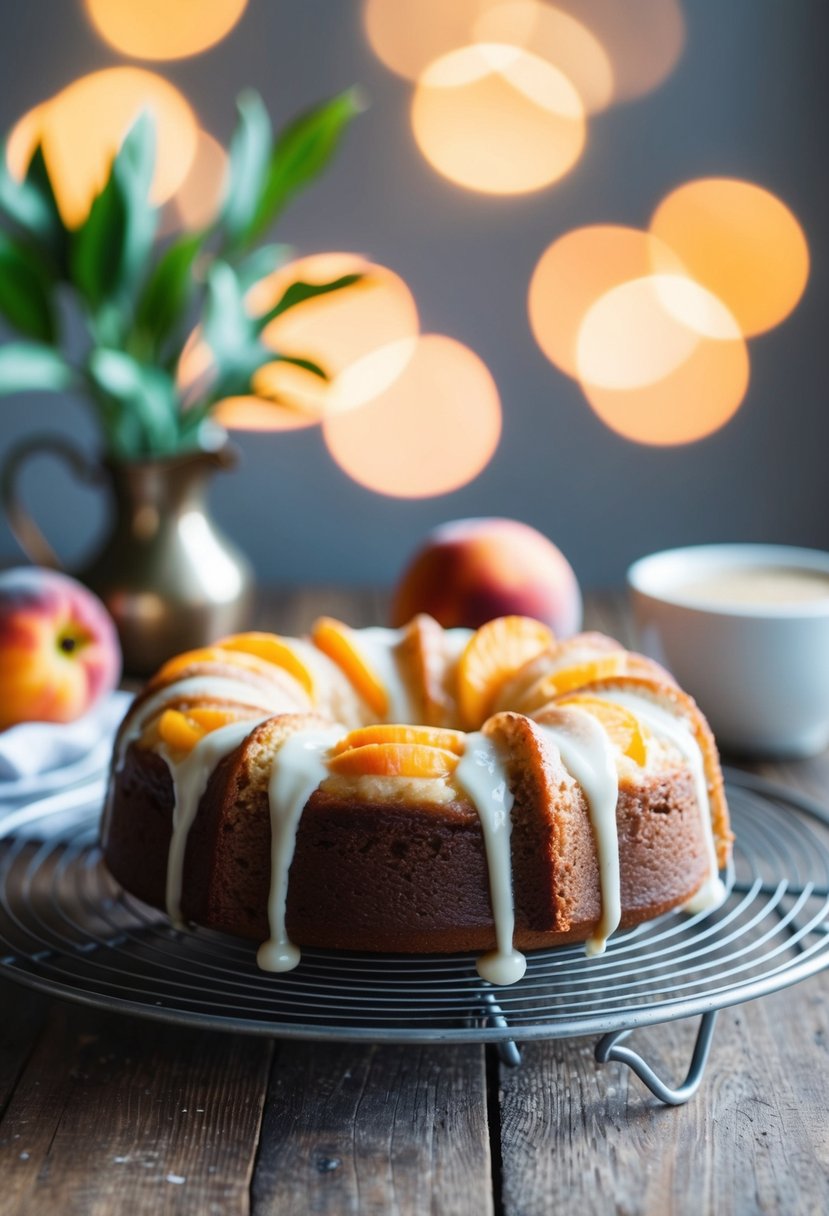 A peach and cream cheese coffee cake cooling on a wire rack