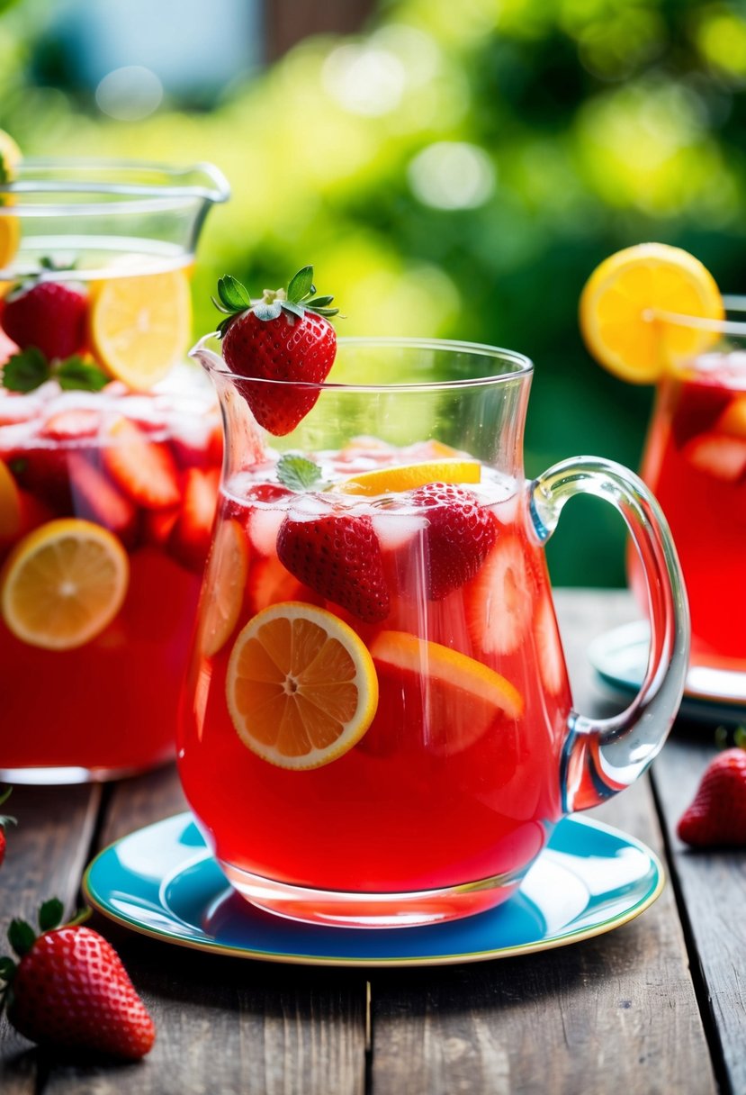 A pitcher of strawberry lemonade punch with fresh fruit garnish on a wooden table