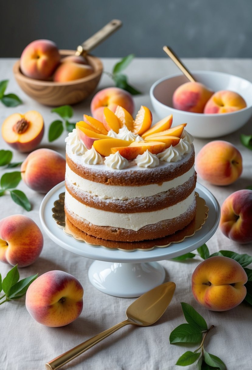 A table set with a Peach Bellini Cake surrounded by fresh peaches and ingredients for making dessert