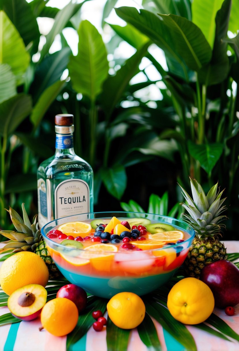 A vibrant tropical punch bowl surrounded by fresh fruits and a bottle of tequila, set against a backdrop of lush green foliage