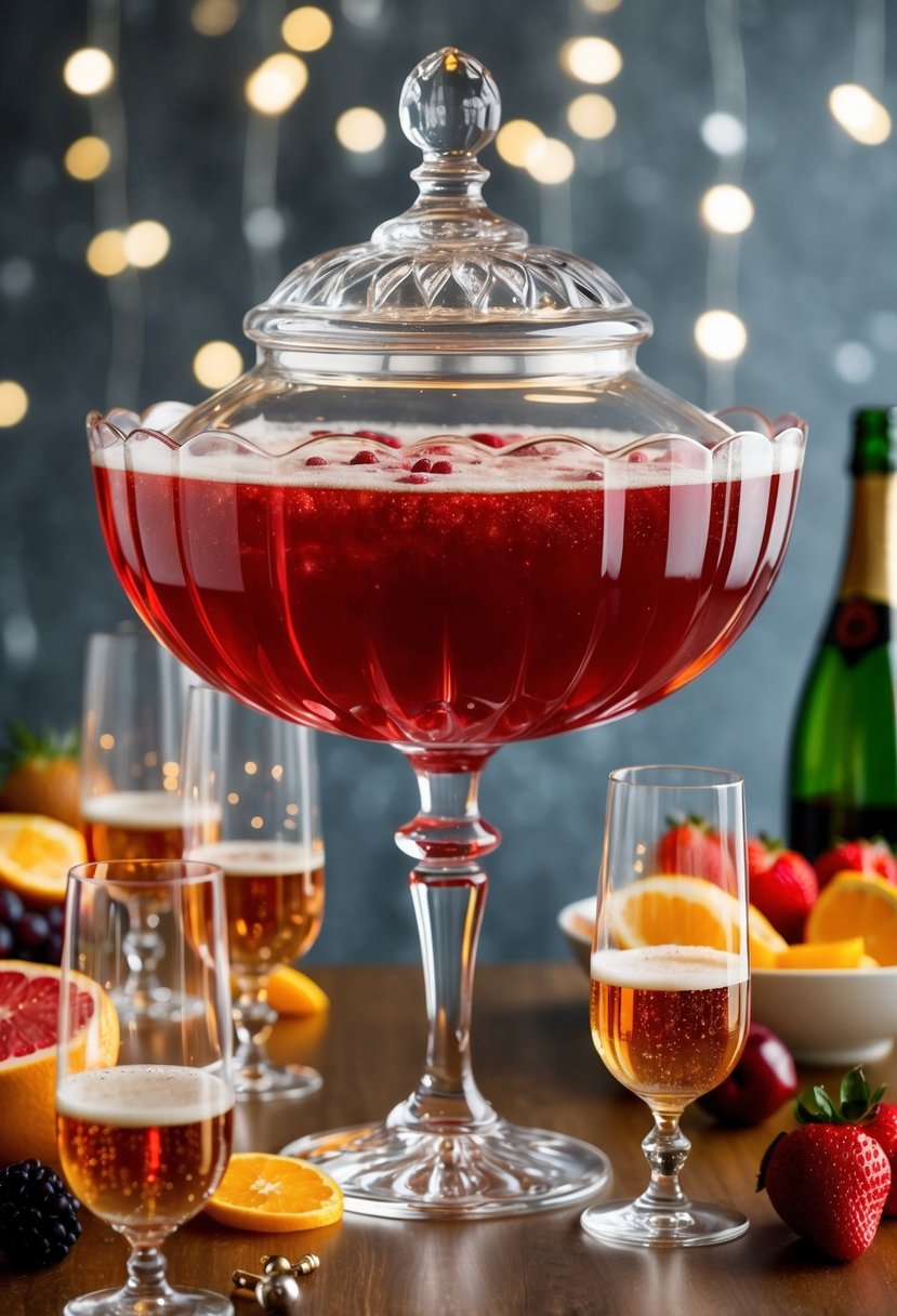 A large crystal punch bowl filled with bubbly red champagne punch, surrounded by fresh fruit and sparkling glasses