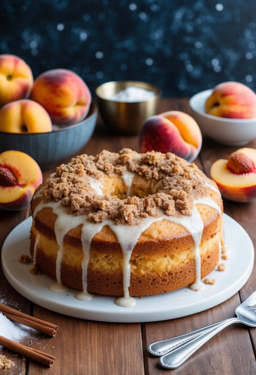 A peach cake sits on a wooden table, topped with cinnamon streusel and surrounded by fresh peaches and baking ingredients