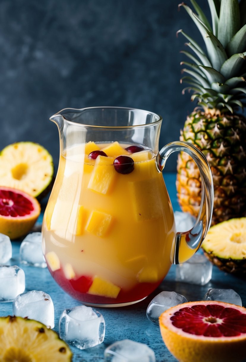 A pitcher filled with pineapple white wine punch surrounded by fresh fruit and ice