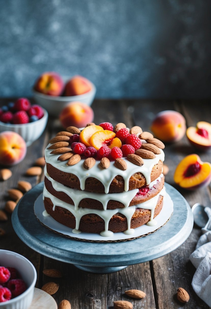 A peach-raspberry cake topped with almonds sits on a rustic wooden table, surrounded by fresh fruit and baking ingredients