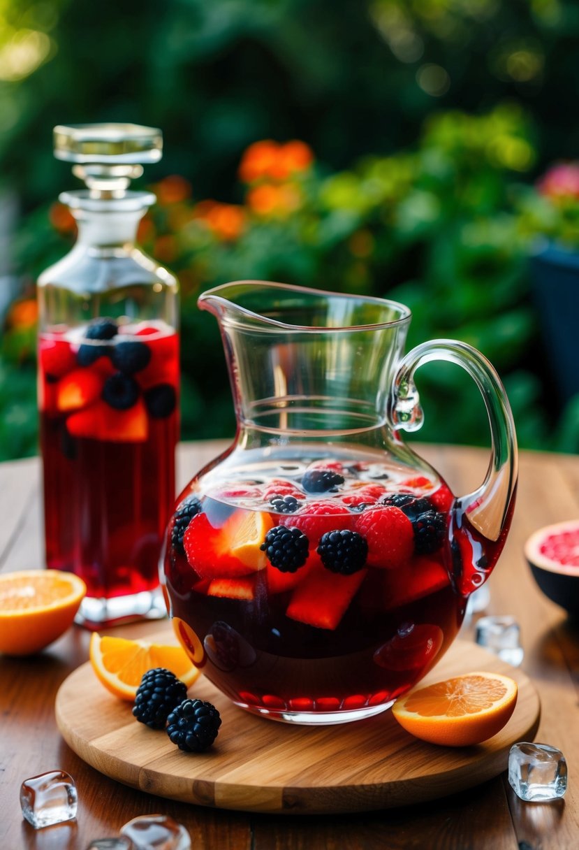 A glass pitcher filled with vibrant red berry brandy punch, surrounded by fresh fruit and ice cubes on a wooden table