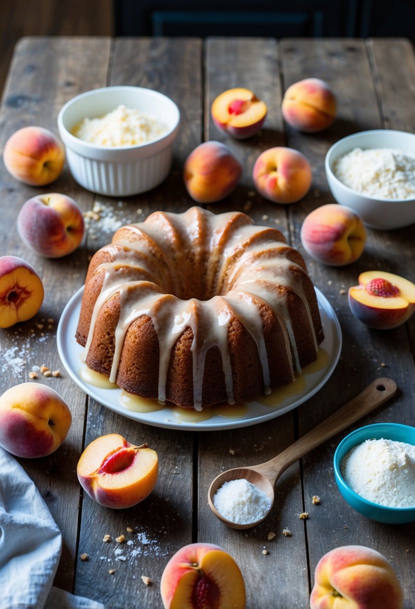 A rustic kitchen table with a freshly baked glazed peach pound cake surrounded by ripe peaches and scattered cake mix ingredients