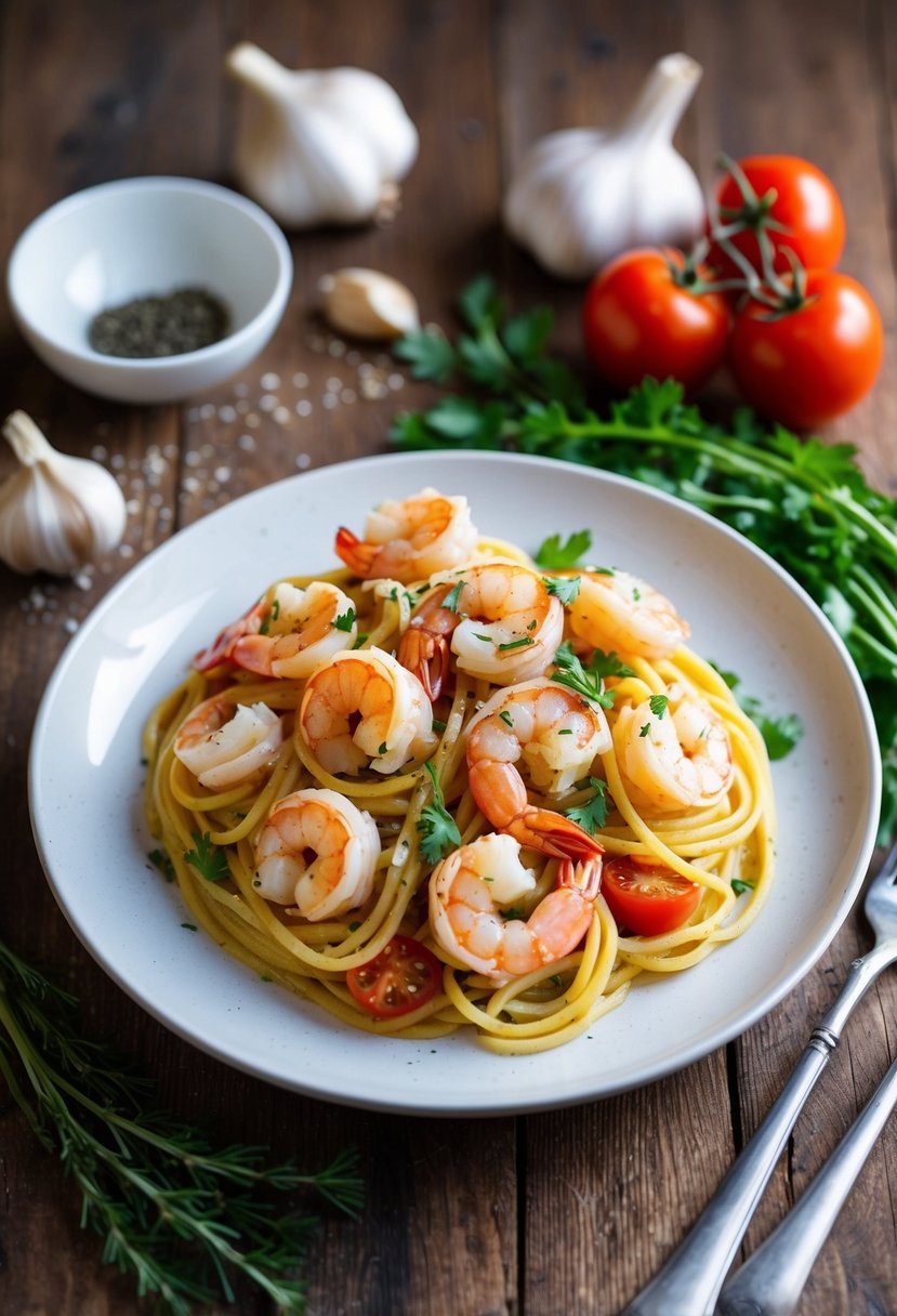 A steaming plate of Italian shrimp pasta with garlic, tomatoes, and fresh herbs on a rustic wooden table