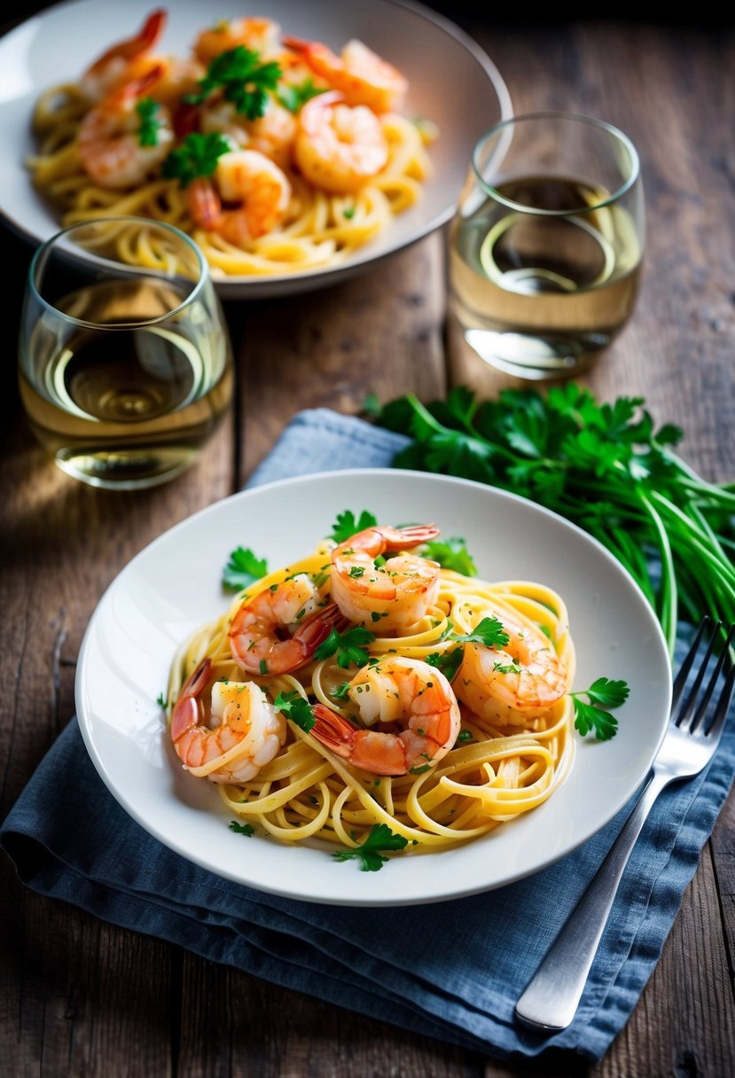 A steaming plate of shrimp scampi with linguine, garnished with fresh parsley, sits on a rustic wooden table. A glass of white wine and a fork are placed beside the dish