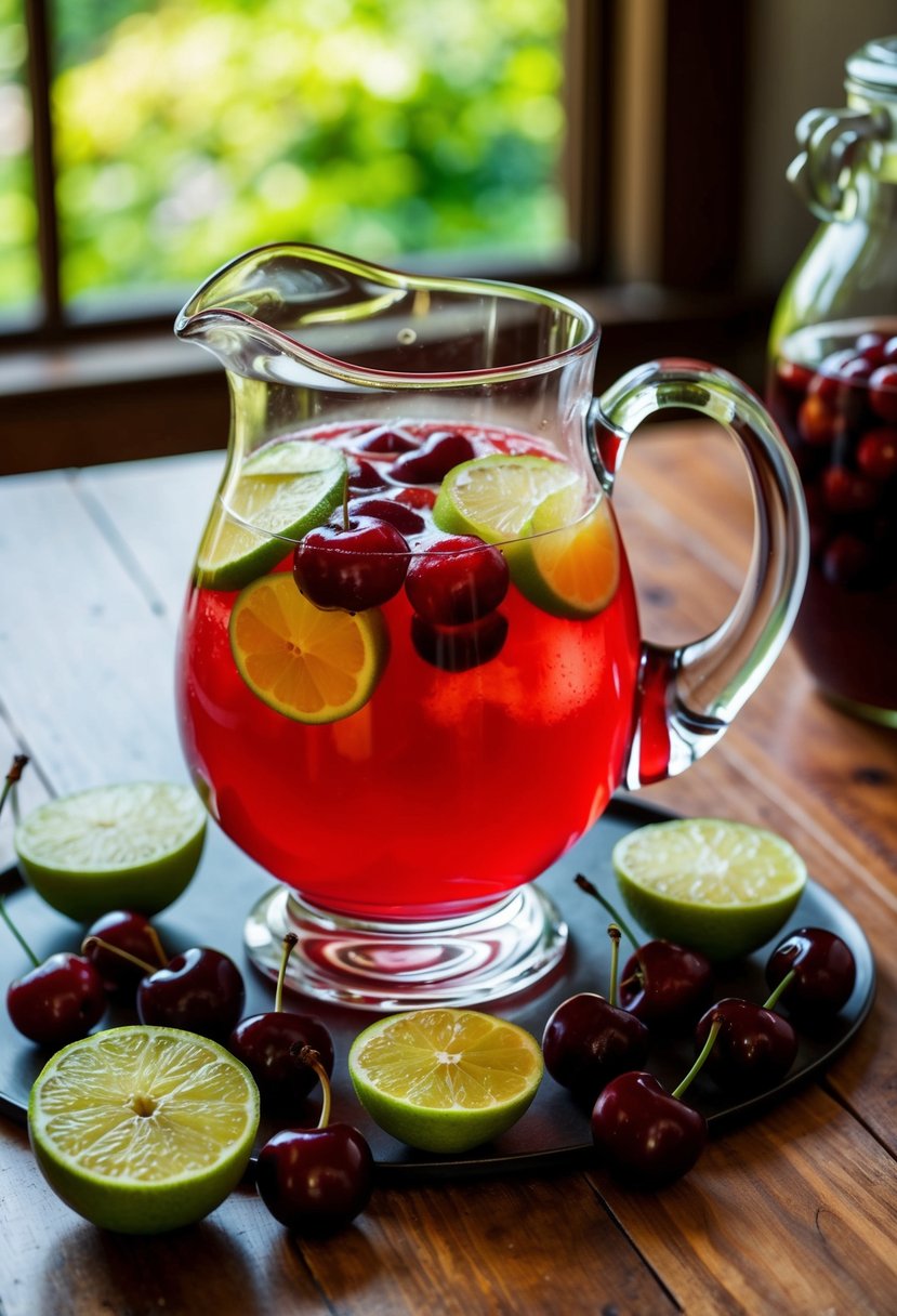 A glass pitcher filled with vibrant red Cherry Limeade Punch, surrounded by sliced limes and cherries on a wooden table