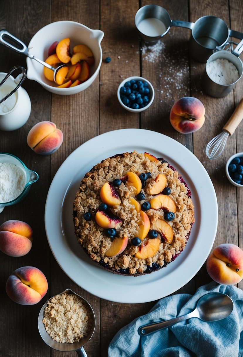 A rustic kitchen table with a freshly baked peach and blueberry crumble cake surrounded by ingredients and mixing utensils