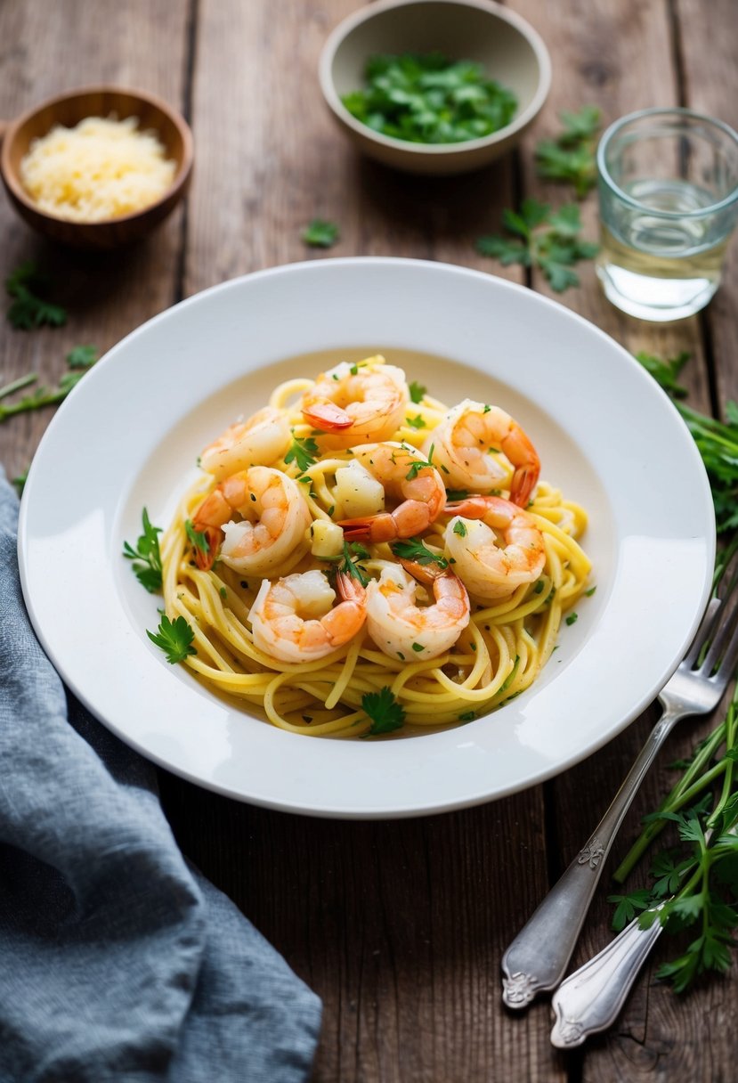 A steaming plate of garlic butter shrimp pasta, garnished with fresh herbs, sits on a rustic wooden table