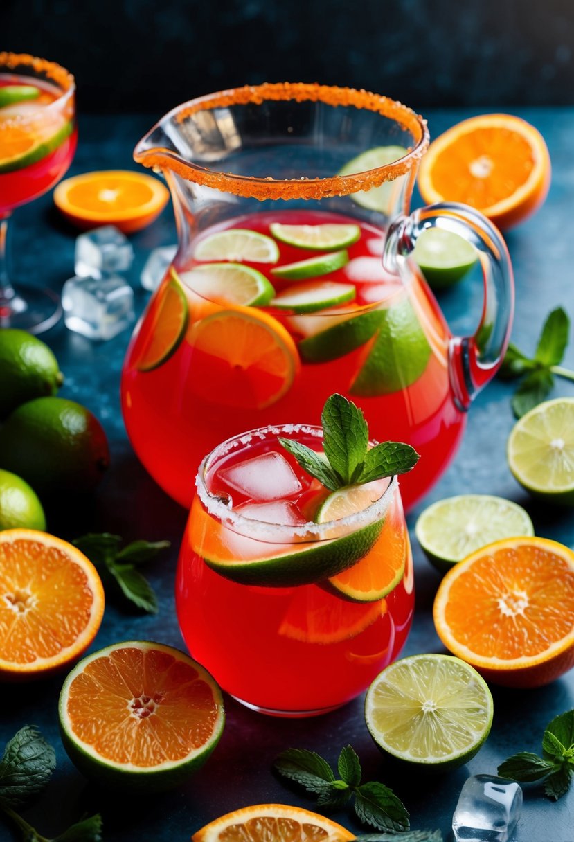 A pitcher of vibrant red margarita punch surrounded by sliced limes, oranges, and a sprig of mint, with ice cubes floating in the liquid