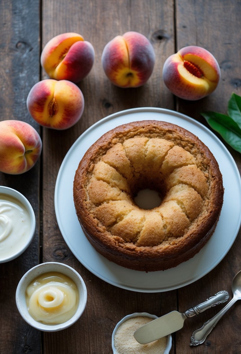 A rustic kitchen table with a freshly baked ginger peach cake, surrounded by ripe peaches and a bowl of vanilla glaze