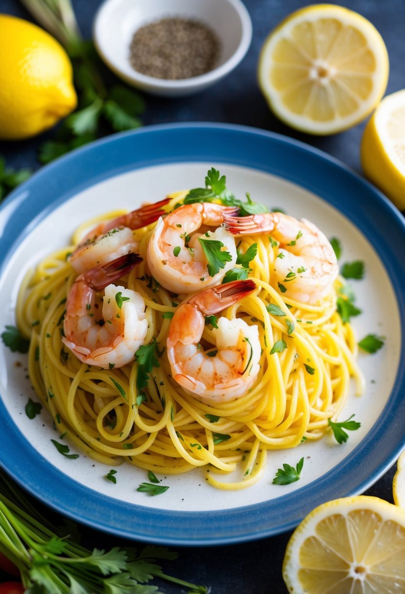 A steaming plate of lemon shrimp spaghetti, garnished with fresh herbs and surrounded by colorful ingredients